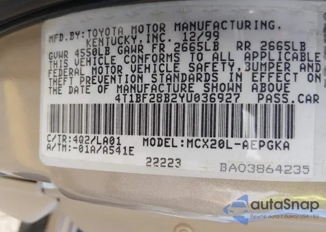 2000 Toyota Avalon Xls from USA, damaged, VIN 4T1BF28B2YU036927